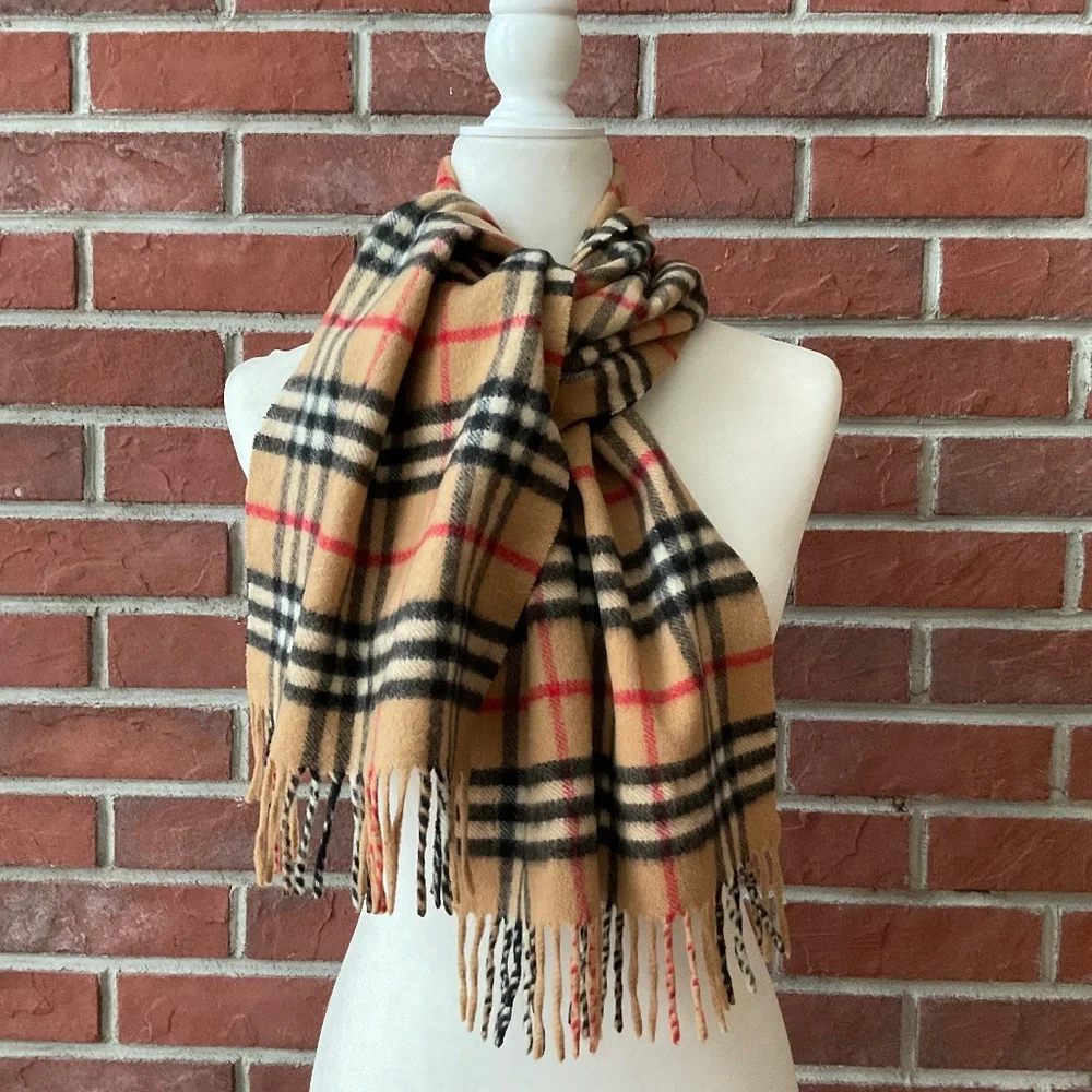 •Burberry London Classic Nova Check Plaid Wool Cashmere Fringed Scarf 56”x12”